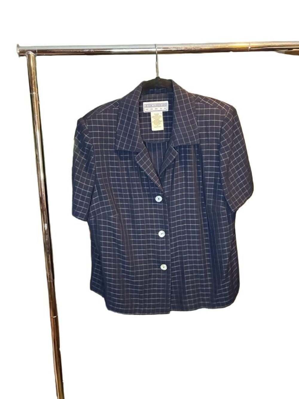 Jessica Howard Woman Blue and White Grid Plaid Short Sleeve Button-Down Blouse